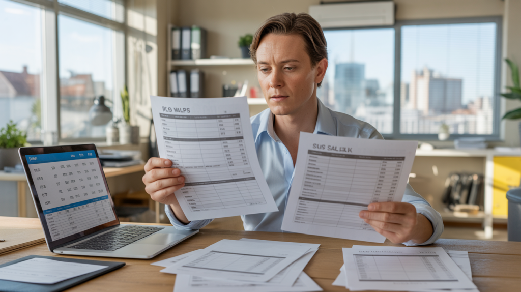 Scène réaliste d’un comptable analysant des fiches de paie sur un bureau dans un bureau moderne, lumière naturelle et détails authentiques.