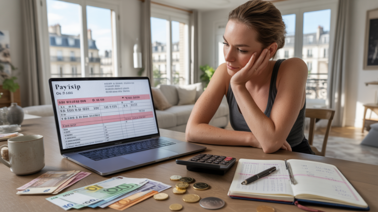Scène réaliste dans un salon français où une personne examine une fiche de paie avec un ordinateur, des euros et un carnet de budget sur une table.