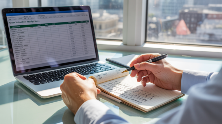 Scène réaliste d’un professionnel analysant un tableau de conversion de salaire horaire brut en net dans un bureau moderne, avec ordinateur portable, documents et lumière naturelle.