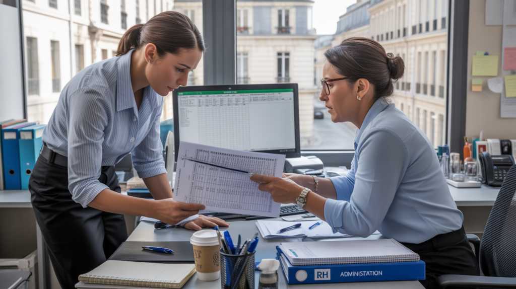 Scène réaliste de deux employés administratifs travaillant dans un bureau français lumineux, entourés de documents et d’outils professionnels, illustrant le travail quotidien sous la Convention 66.