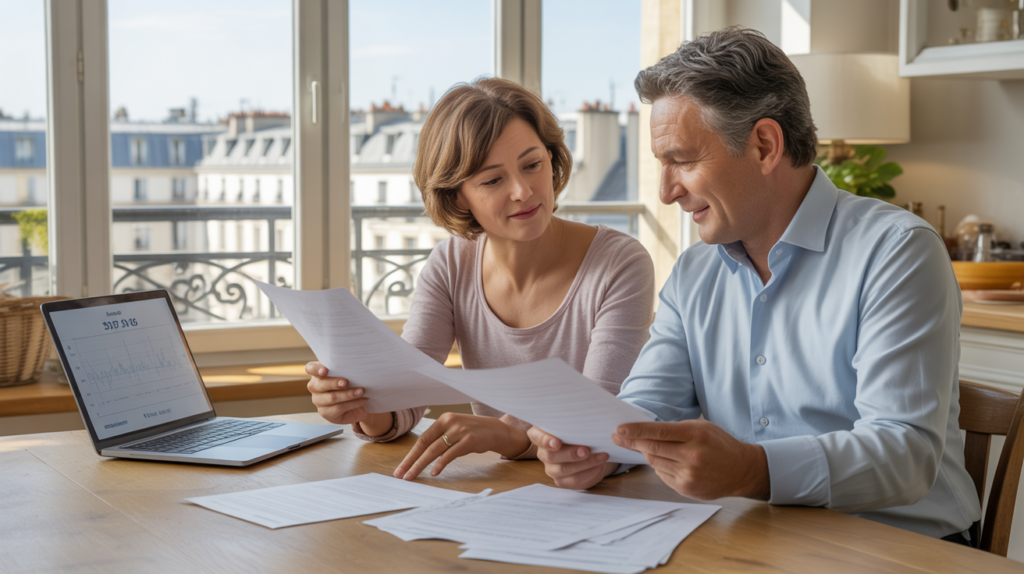 Couple en train de consulter calmement leurs documents financiers dans une cuisine lumineuse avec vue sur Paris, illustrant la planification et la sécurité financière.