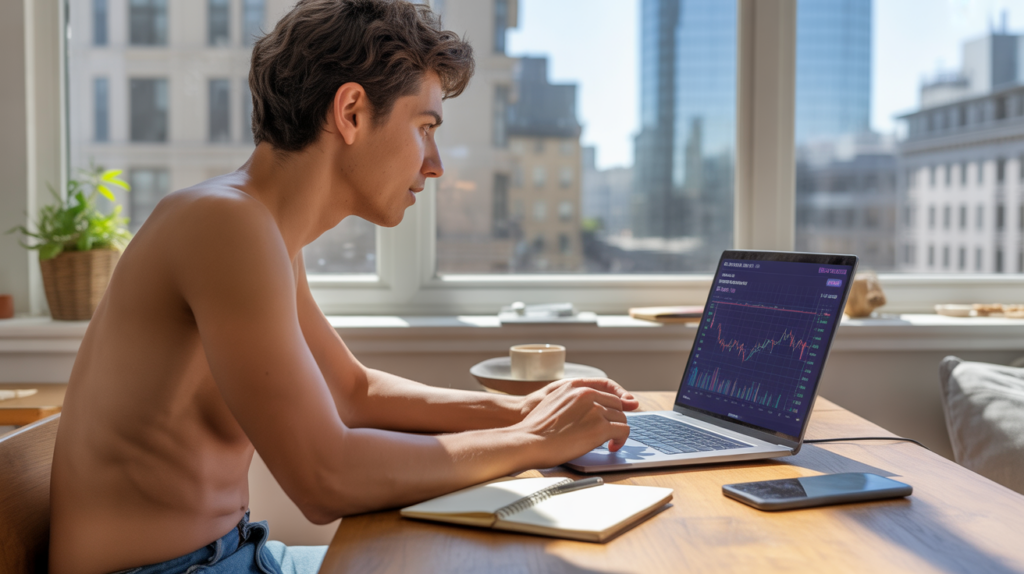 Personne gérant son staking crypto sur un ordinateur portable dans un appartement lumineux avec vue réaliste sur la ville.