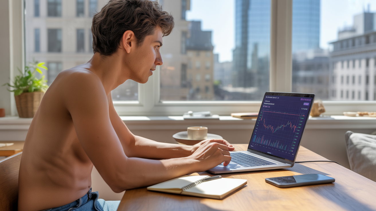 Personne gérant son staking crypto sur un ordinateur portable dans un appartement lumineux avec vue réaliste sur la ville.