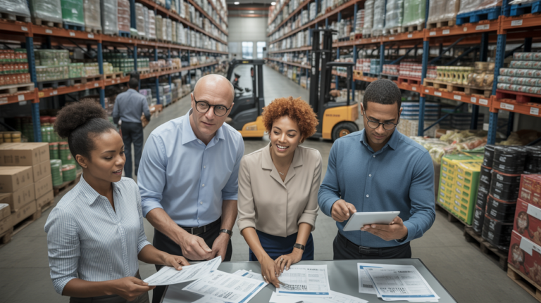 Scène réaliste dans un entrepôt de commerce de gros avec employés discutant autour d’un poste de travail.