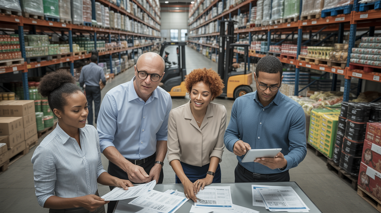 Scène réaliste dans un entrepôt de commerce de gros avec employés discutant autour d’un poste de travail.