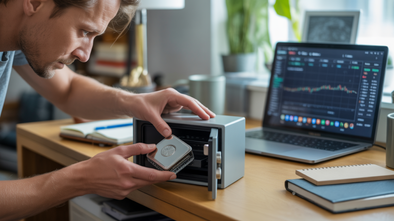 Personne rangeant un portefeuille matériel de cryptomonnaies dans un coffre-fort dans un bureau moderne, avec une scène réaliste et naturelle.