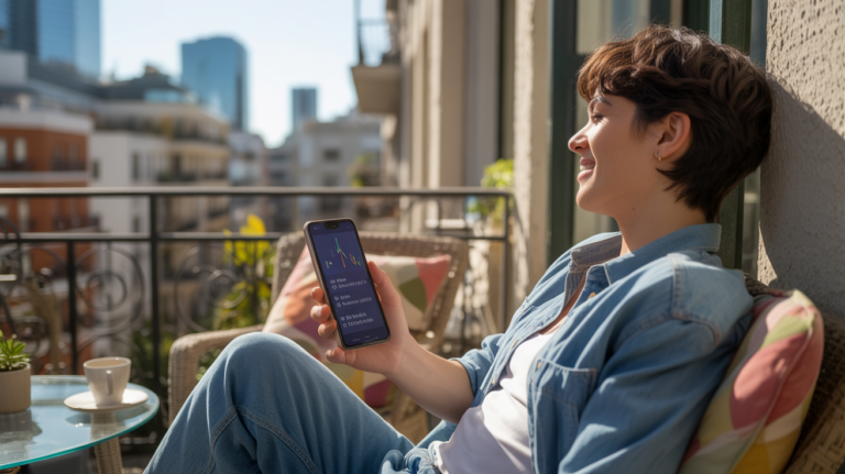 Personne détendue sur un balcon ensoleillé recevant tranquillement des revenus passifs sur son smartphone dans un décor urbain réel.
