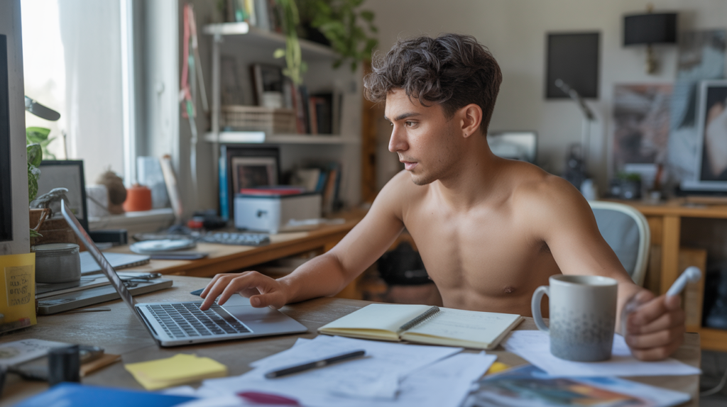 Jeune adulte travaillant de manière authentique sur un ordinateur portable dans un appartement lumineux, illustrant le début d’un side business.