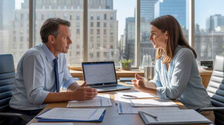 Scène réaliste dans un bureau moderne où un conseiller financier discute de stratégies de défiscalisation avec un client, entourés de documents et graphiques authentiques.