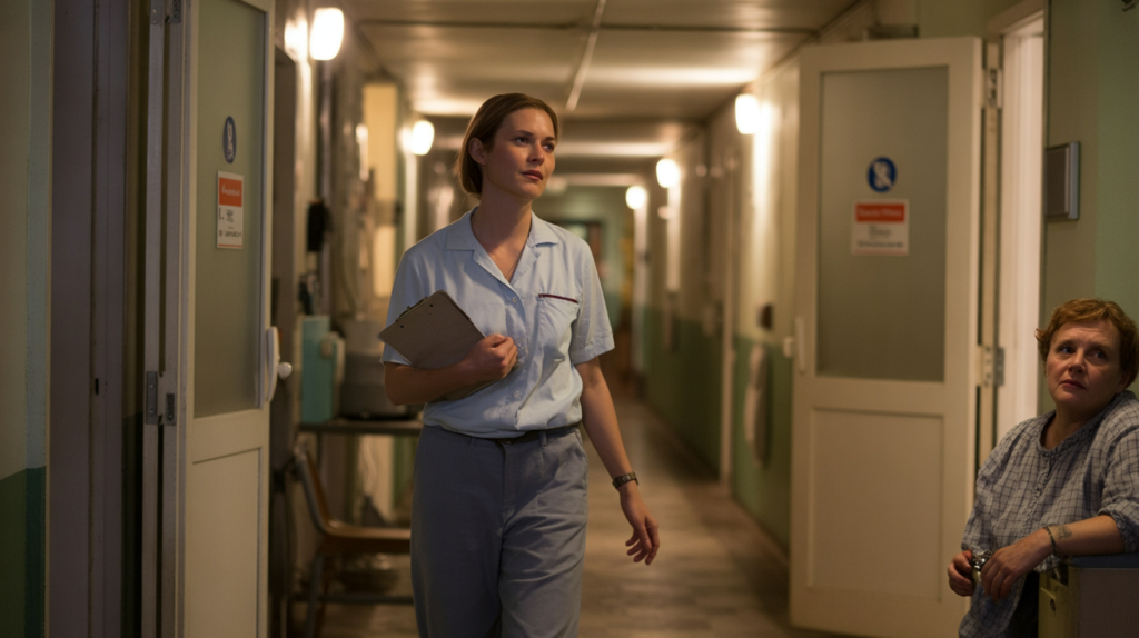 Surveillant de nuit se déplaçant dans un couloir d’un établissement médico‑social, scène réaliste et authentique.