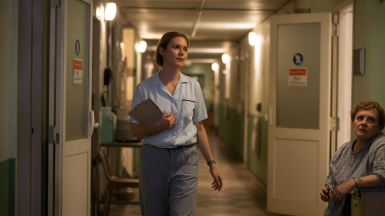 Surveillant de nuit se déplaçant dans un couloir d’un établissement médico‑social, scène réaliste et authentique.