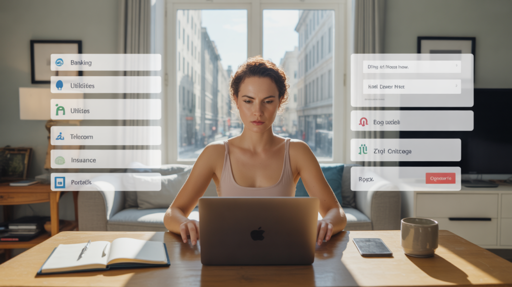 Personne utilisant un ordinateur portable dans un salon lumineux pour accéder à différents espaces clients, avec un décor réaliste et naturel.