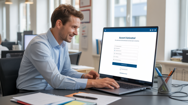 Employé dans un bureau moderne en train d’activer son compte en ligne sur un ordinateur portable, scène réaliste et lumineuse.
