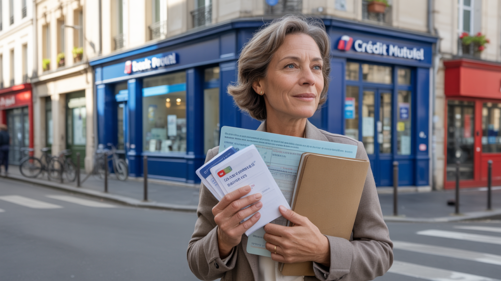 Une personne sort d’une banque française dans une rue authentique, tenant des documents et un livret d’épargne, illustrant un sentiment de sécurité financière.