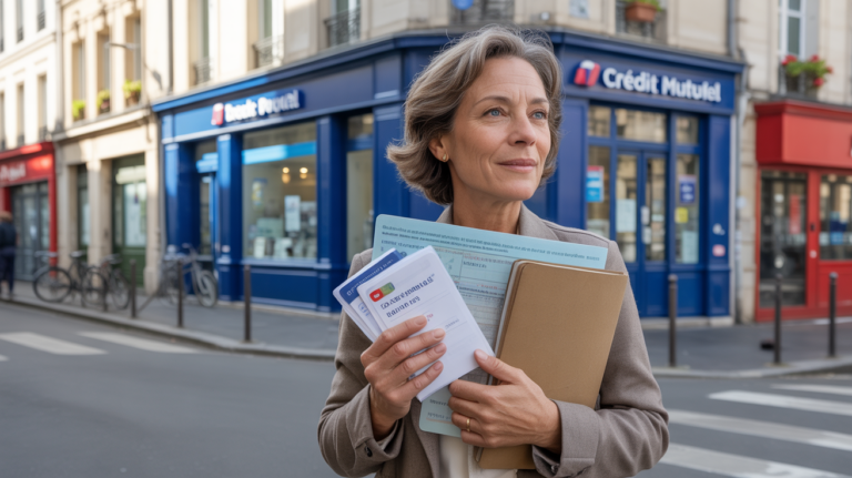 Une personne sort d’une banque française dans une rue authentique, tenant des documents et un livret d’épargne, illustrant un sentiment de sécurité financière.