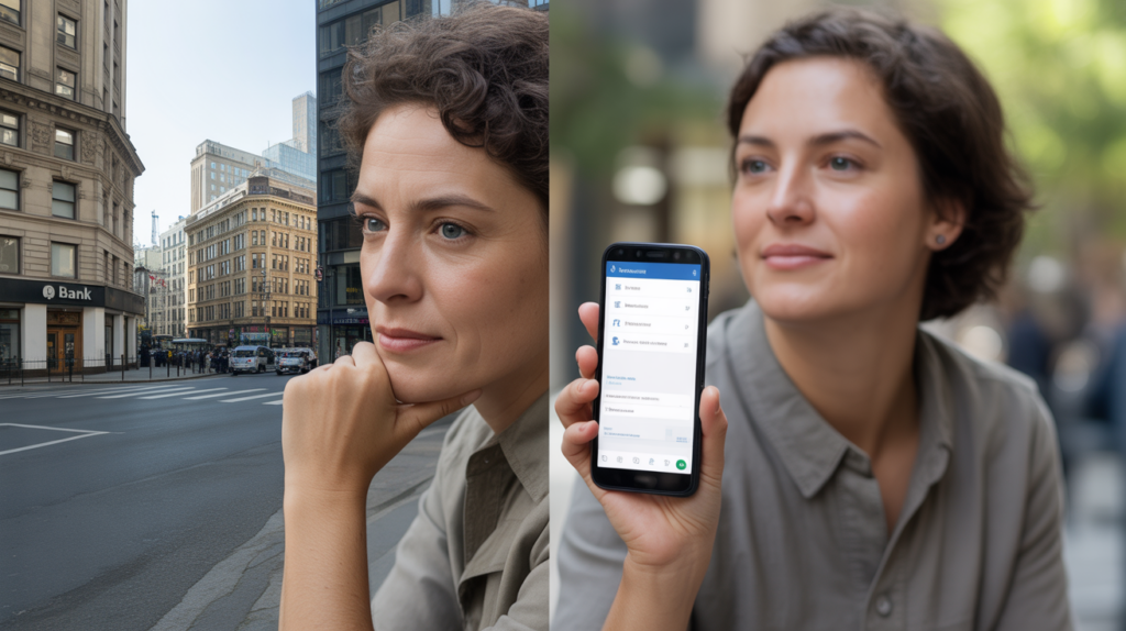 Personne comparant une banque traditionnelle en ville et une application bancaire en ligne sur smartphone, scène réaliste et naturelle