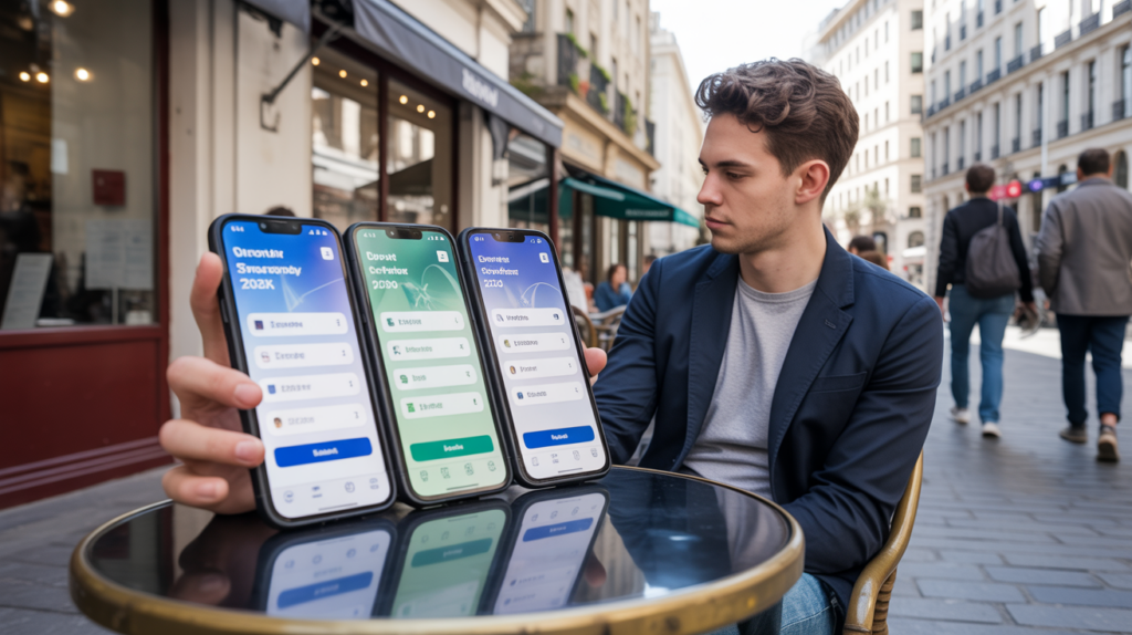Scène réaliste d’un jeune professionnel comparant des applications bancaires sur son smartphone dans un café en ville.