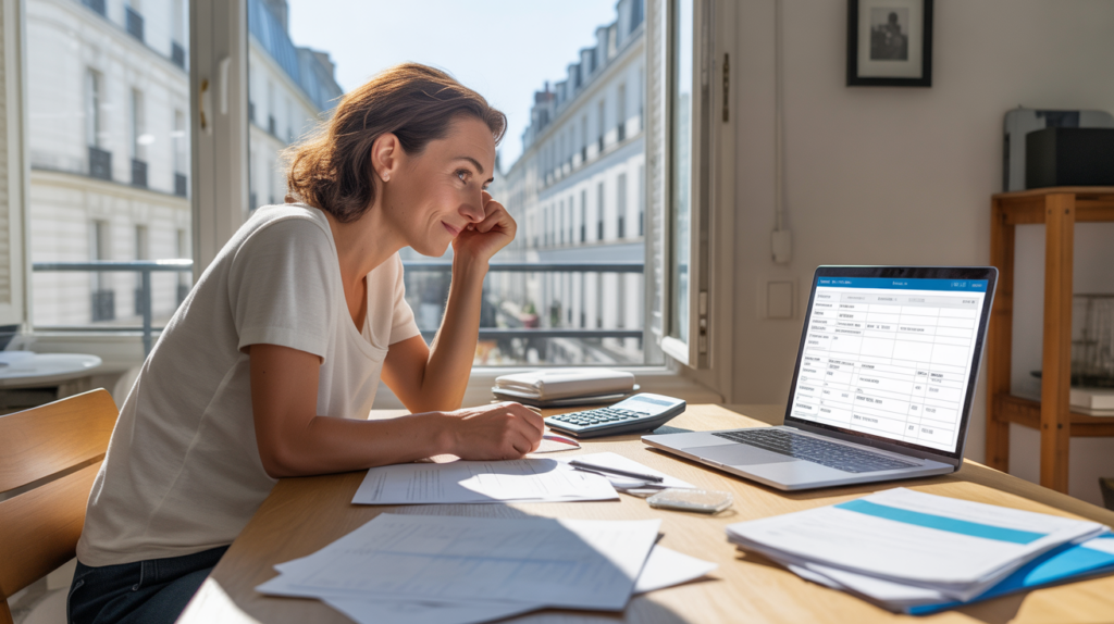 Scène réaliste d’une personne calculant ses impôts en ligne dans un appartement français lumineux, avec bureau en bois, documents éparpillés et vue authentique sur une rue parisienne.