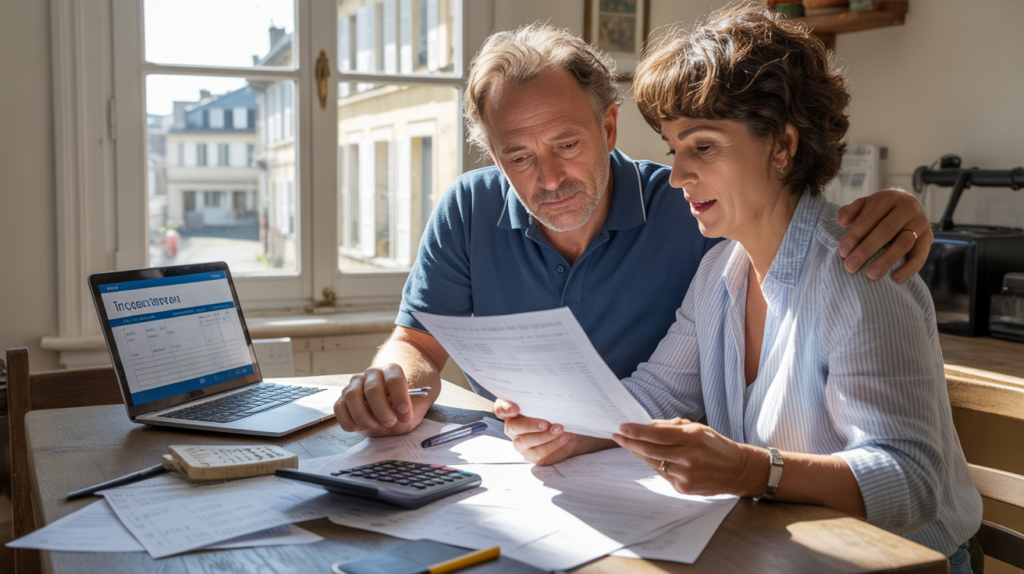 Couple français calculant simplement leur impôt sur le revenu à une table de cuisine, avec documents réels et ambiance naturelle.