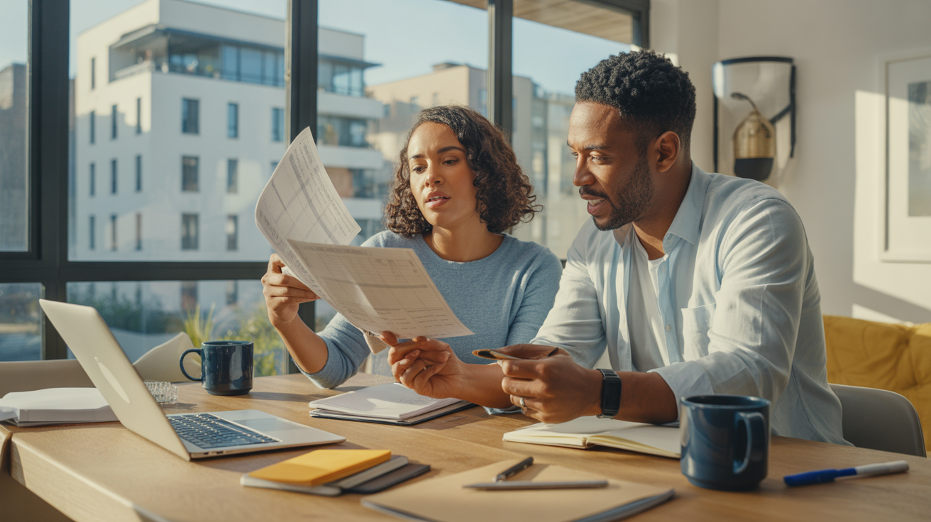 Couple réaliste calculant leur prêt immobilier sur un ordinateur dans un intérieur lumineux et naturel.