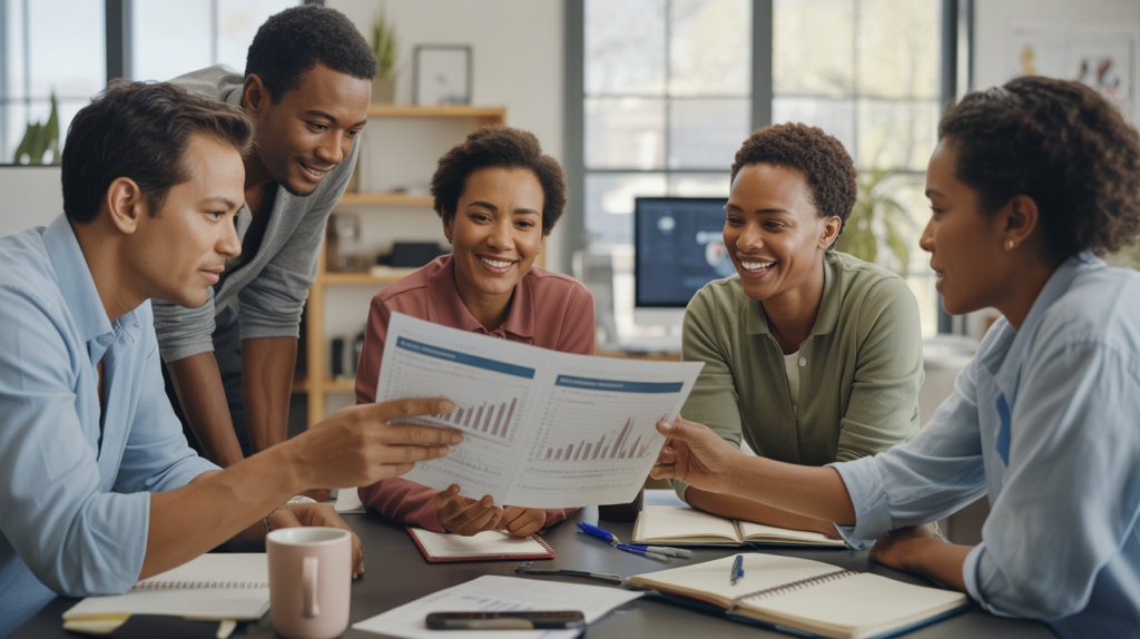 Scene réaliste d’employés dans un bureau moderne discutant ensemble de plans d’épargne salariale autour d’une table avec documents et graphiques.