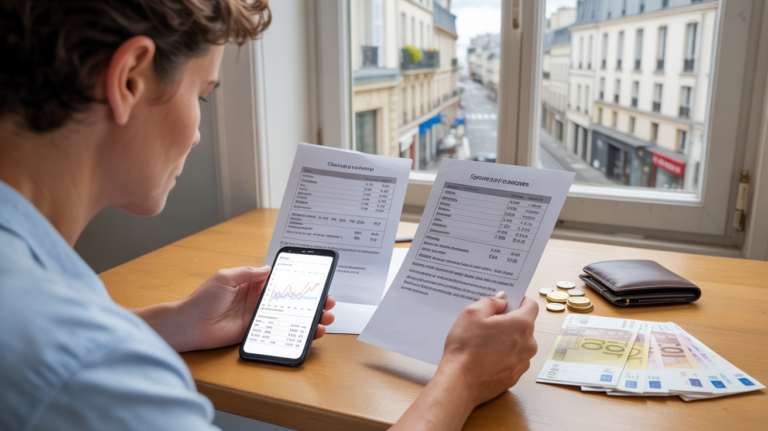 Scène réaliste d’une personne examinant des documents financiers et des billets en euros dans un appartement parisien lumineux.