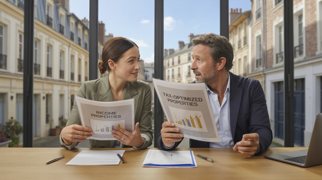 Deux professionnels comparent des dossiers immobiliers dans une agence moderne avec des immeubles français réalistes en arrière‑plan.