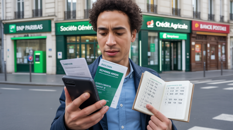 Jeune adulte comparant des offres de banques devant de vraies agences françaises dans une rue animée.