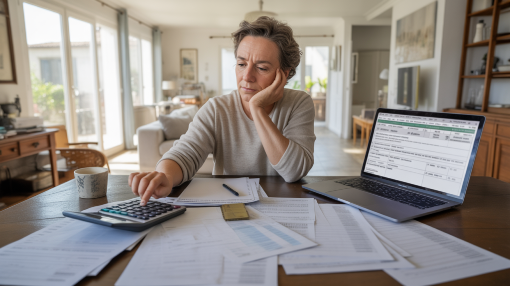 Scène réaliste d'une personne française examinant ses finances dans un salon lumineux avec documents fiscaux et ordinateur