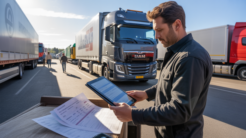 Scène réaliste dans un hub logistique avec un conducteur routier consultant des documents de salaire près de son camion au lever du soleil.