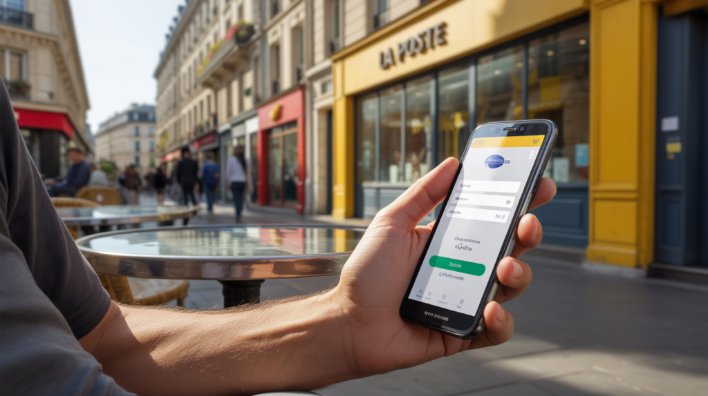 Scène réaliste d’une personne consultant son compte bancaire en ligne sur son smartphone près d’un bâtiment La Poste dans une rue française.
