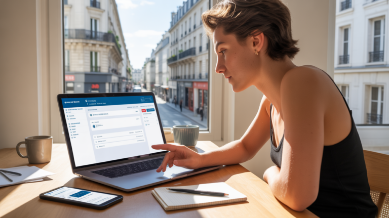 Personne consultant son espace bancaire en ligne sur un ordinateur portable dans un appartement lumineux avec vue sur une rue parisienne réaliste.