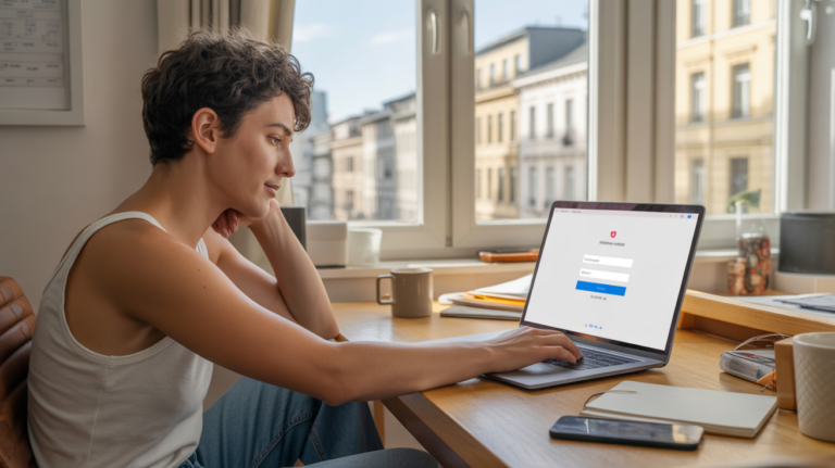 Jeune adulte se connectant à un espace membre sur un ordinateur portable dans un appartement moderne et lumineux, avec une scène naturelle et réaliste.
