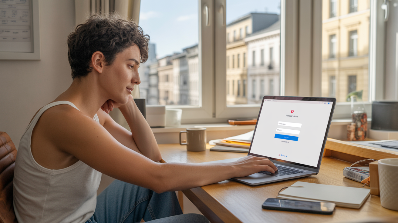 Jeune adulte se connectant à un espace membre sur un ordinateur portable dans un appartement moderne et lumineux, avec une scène naturelle et réaliste.