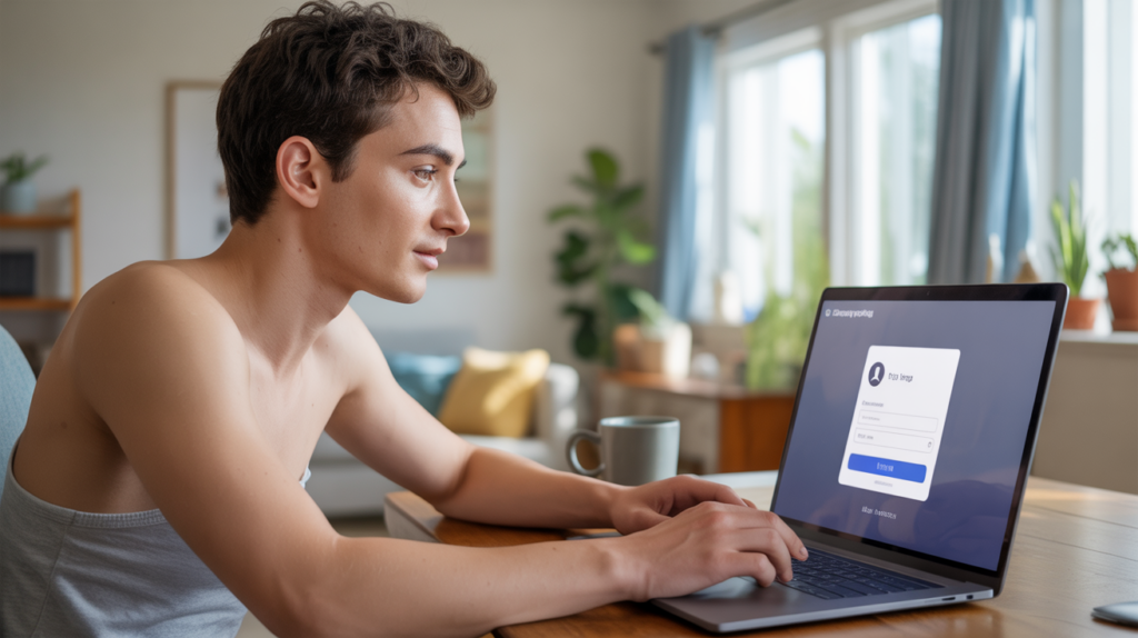 Personne utilisant un ordinateur portable dans un intérieur lumineux et naturel pour se connecter à un compte en ligne.