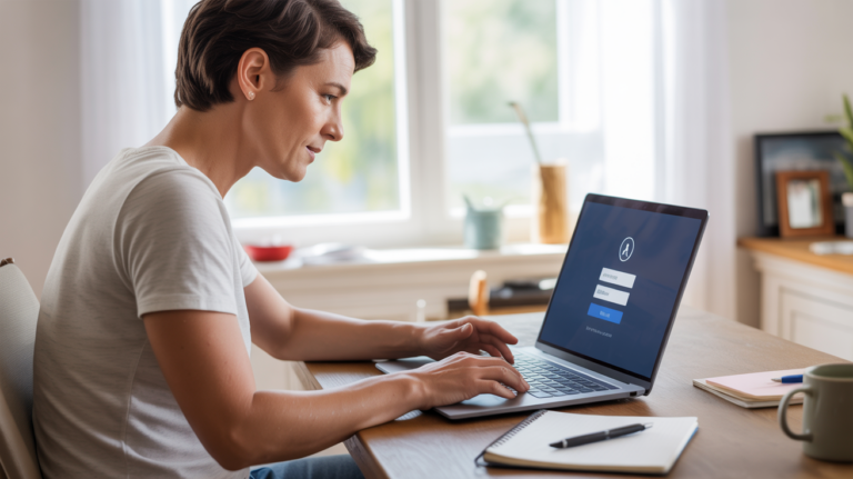 Personne utilisant un ordinateur portable chez soi pour se connecter facilement à un espace en ligne, dans une scène réaliste et lumineuse.