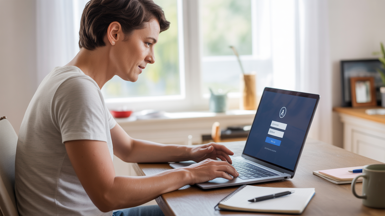 Personne utilisant un ordinateur portable chez soi pour se connecter facilement à un espace en ligne, dans une scène réaliste et lumineuse.