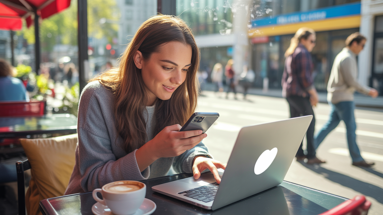 Personne assise dans un café lumineux utilisant un ordinateur portable et un téléphone pour se connecter à plusieurs sites de rencontre, dans une scène réaliste et naturelle.