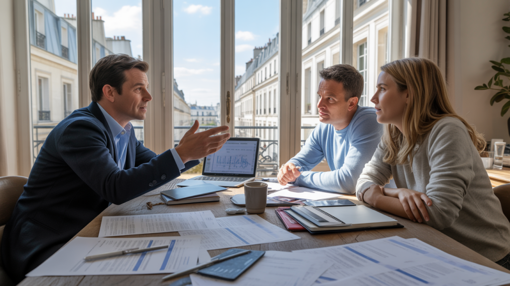 Scène réaliste dans un appartement parisien où un conseiller financier explique des stratégies légales pour réduire les impôts à un couple autour d’une table couverte de documents.