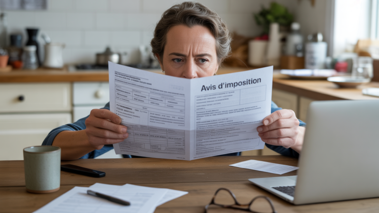Personne examinant son avis d’imposition sur une table de cuisine, scène réaliste avec documents et objets du quotidien.