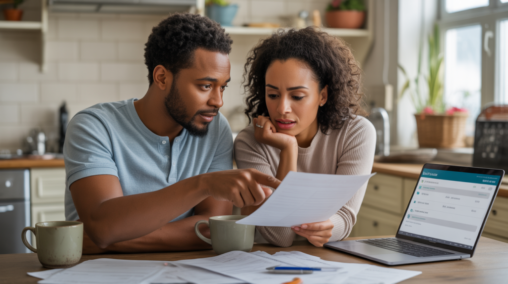 Image réaliste d’un couple examinant ensemble leurs finances sur une table de cuisine, dans un appartement authentique et lumineux.