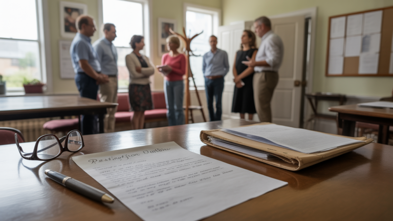 Scène réaliste dans une salle associative avec une lettre de démission ouverte sur une table et des membres discutant en arrière-plan.