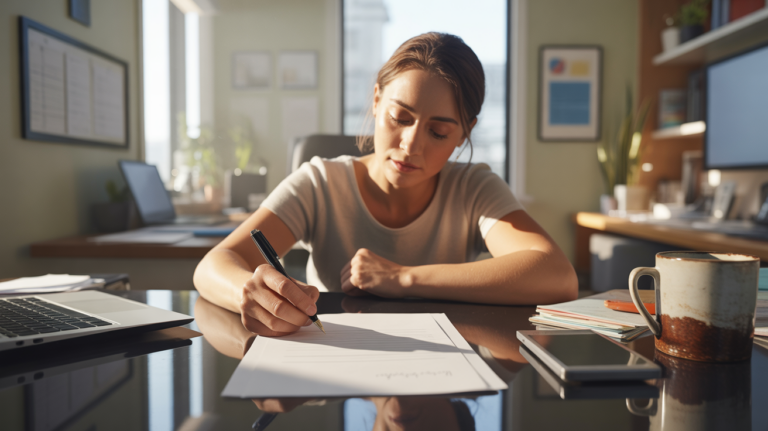 Scène réaliste d’un employé rédigeant une lettre de démission dans un bureau lumineux et authentique.