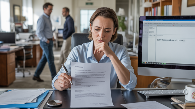 Employé dans un bureau moderne français rédigeant une lettre de rupture anticipée d’un CDD dans une scène réaliste et naturelle.