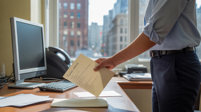 Employé déposant une lettre de démission sur un bureau dans un bureau moderne, avec un éclairage naturel et une scène réaliste.