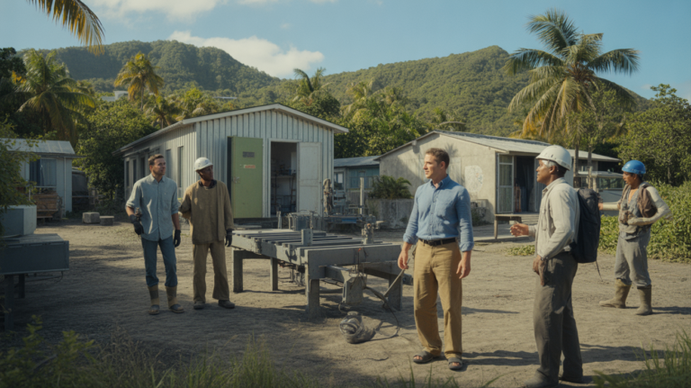 Scène réaliste dans un territoire d’Outre-mer montrant des travailleurs locaux autour d’un site industriel en développement, près d’un paysage tropical avec côtes et végétation.