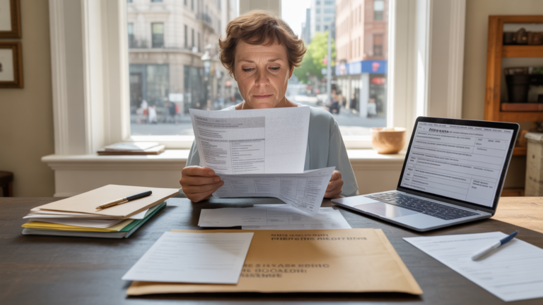 Scène réaliste d’une personne examinant des documents de dons et d’impôts dans un bureau à domicile lumineux et naturel.