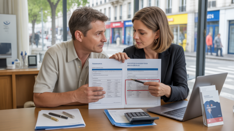 Scène réaliste dans une agence bancaire française où une personne examine ses documents de ressources avec un conseiller.