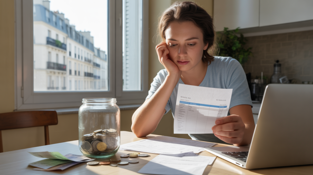 Personne à une table de cuisine examinant ses finances avec un bocal d’épargne et des documents du quotidien, dans une scène réaliste et naturelle.