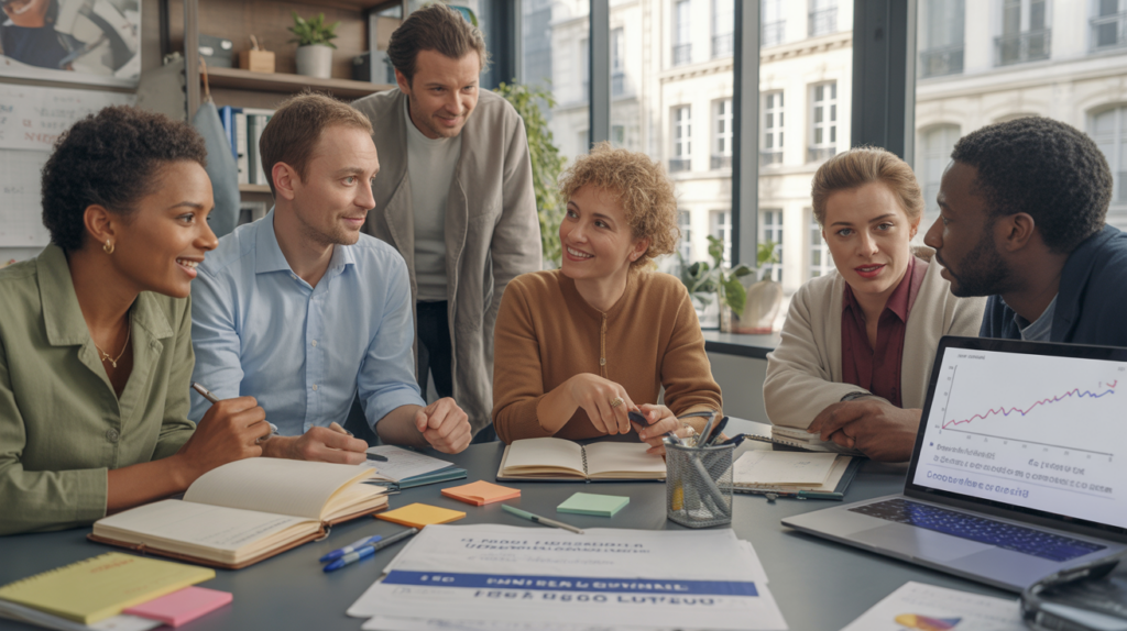 Scène réaliste d’employés français discutant ensemble dans un bureau lumineux autour de documents de plans d’épargne entreprise.